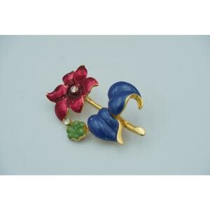 Vintage Gold Tone Enamel Floral Brooch Blue Red Green Rhinestone